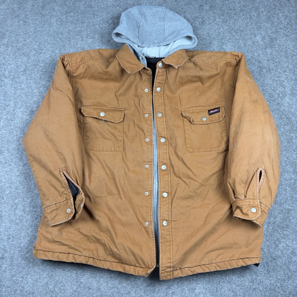 Dickies Hooded Canvas Jacket Mens Large Tan Brown Quilted Lined Workwear Coat - Picture 1 of 11